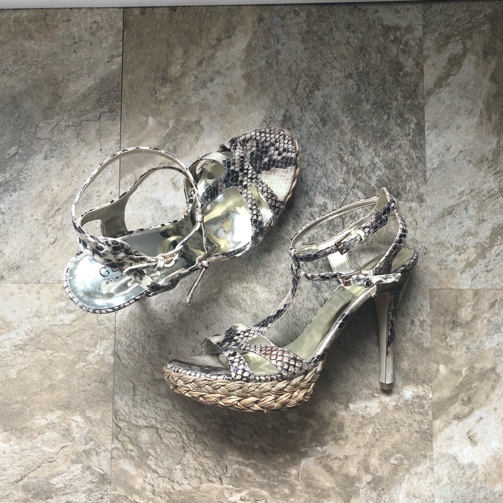 GUESS Reptile Gold Sole Braided Strapped Heels